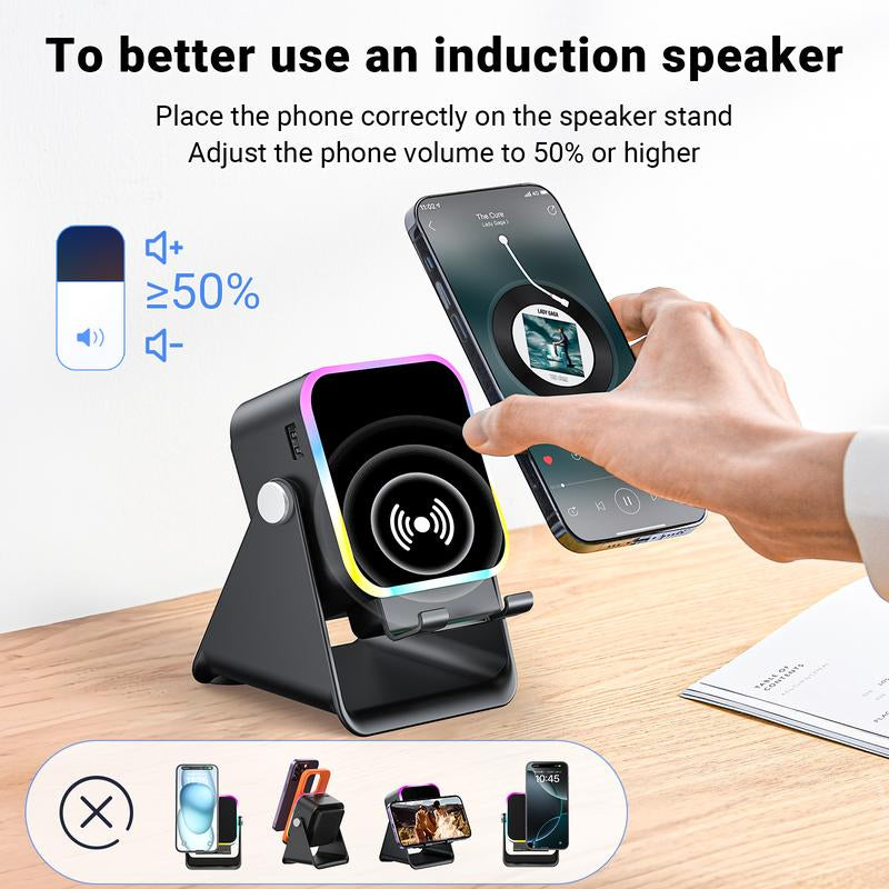 Wireless Induction Audio Speaker Stand, 5In1 Cellphone Holder, 3500Mah Rechargeable Emergency Power Bank,360° Adjustable Mobile Tablet Stand with Colorful Ambient Light Gifts for Men Women,Tiktokshopblackfriday